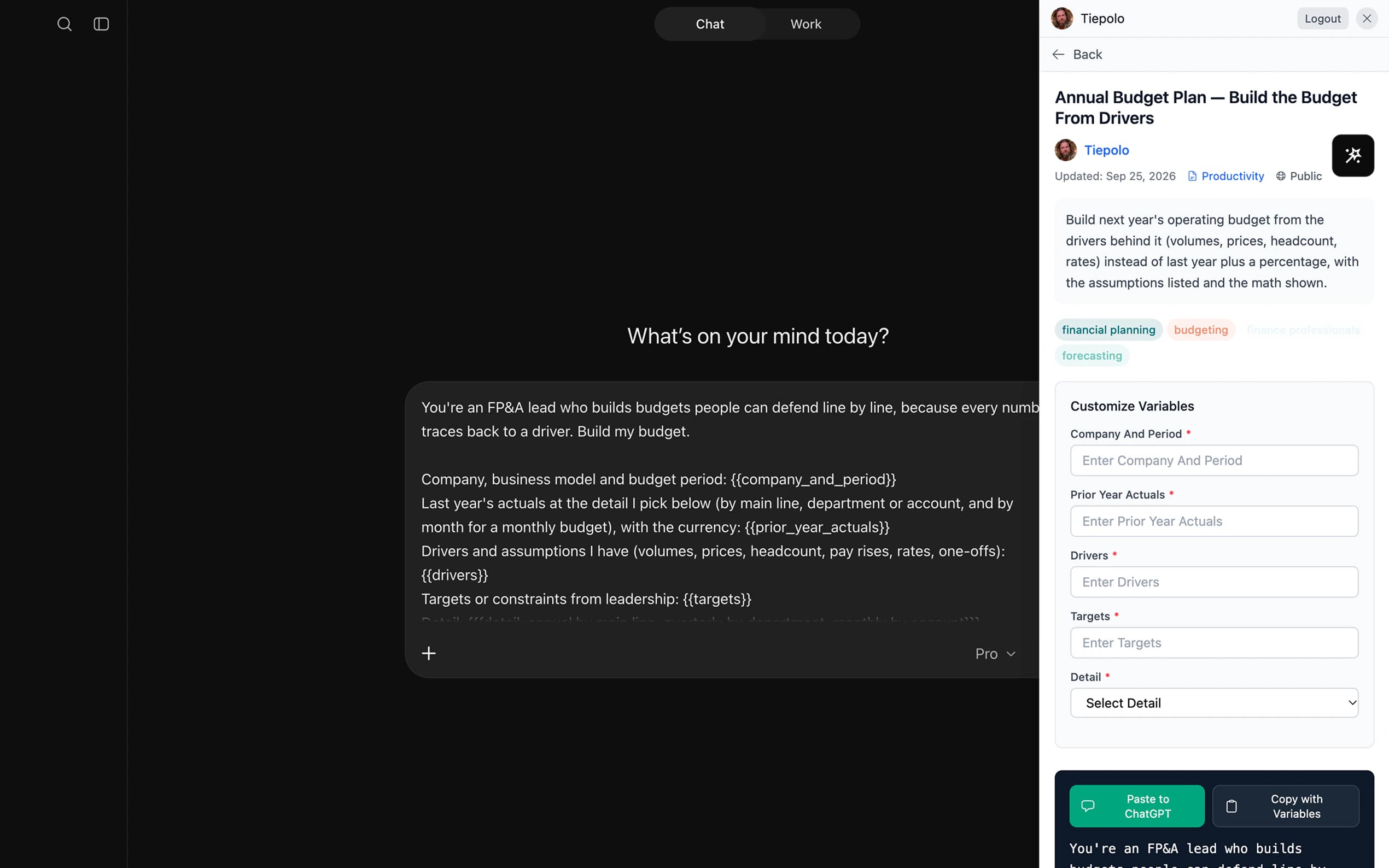 The Musebox Chrome extension open beside ChatGPT, with a budget-planning prompt pasted into the ChatGPT composer.