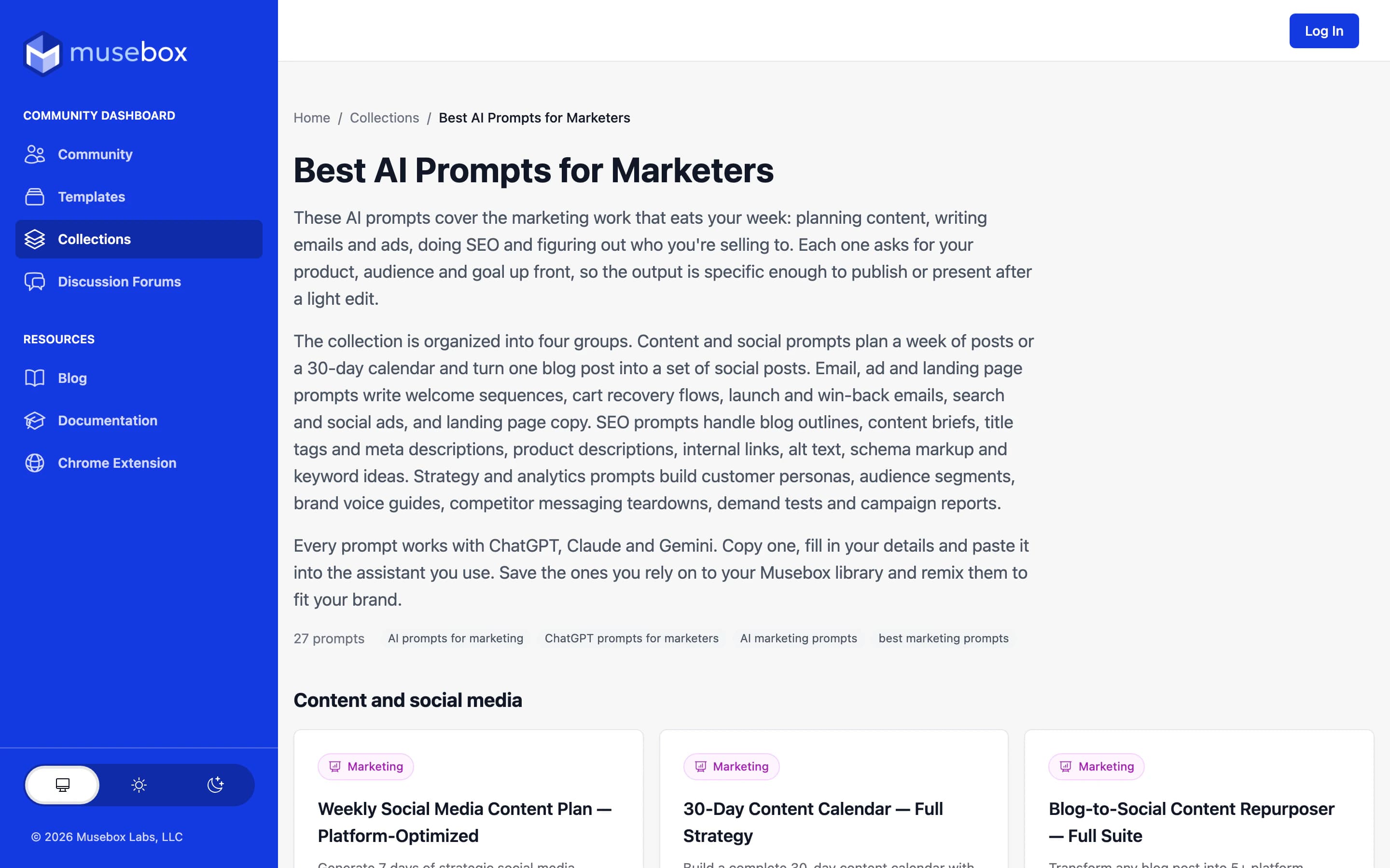 The Best AI Prompts for Marketers collection page as a visitor sees it, with its description, tags and prompt list.