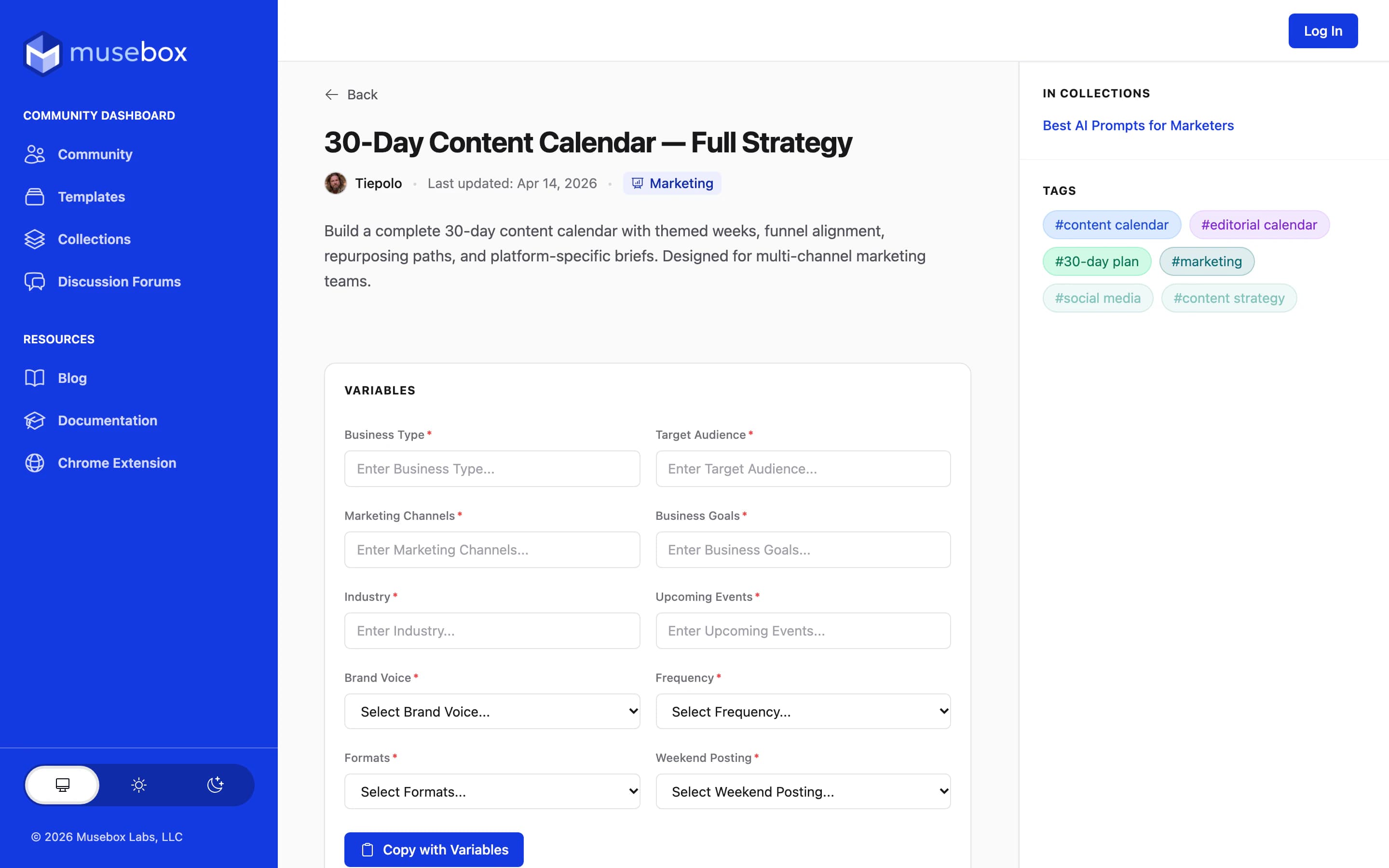 A prompt page on musebox.io: the 30-Day Content Calendar prompt with its Marketing category, its tags and the Best AI Prompts for Marketers collection it belongs to.