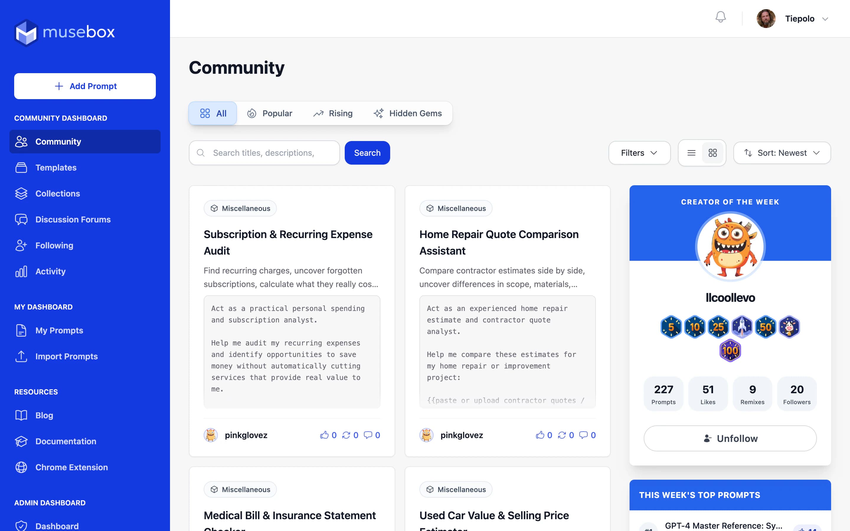 The community feed on the desktop web app, signed in.