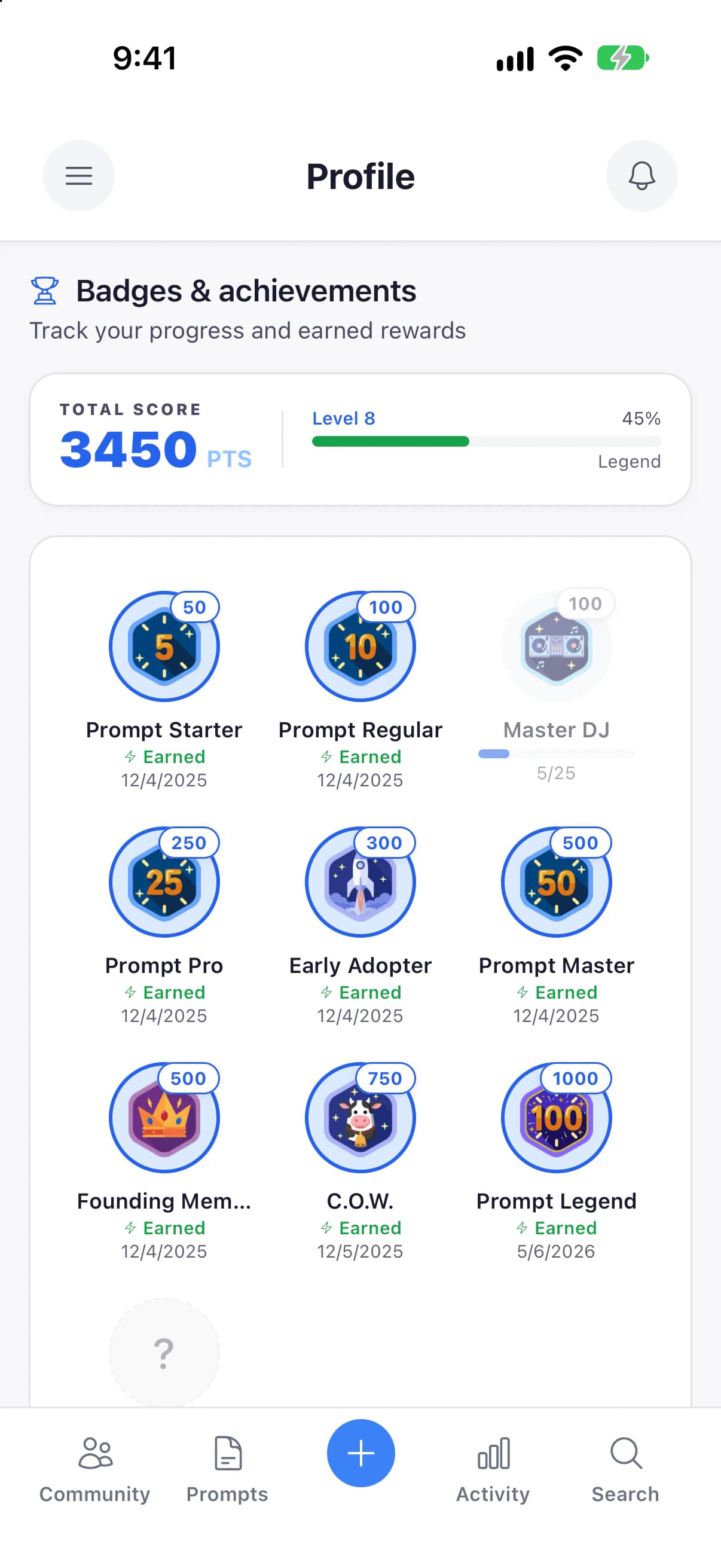 Badges and achievements on the Profile tab of the iPhone app: total score, level and the badges earned.